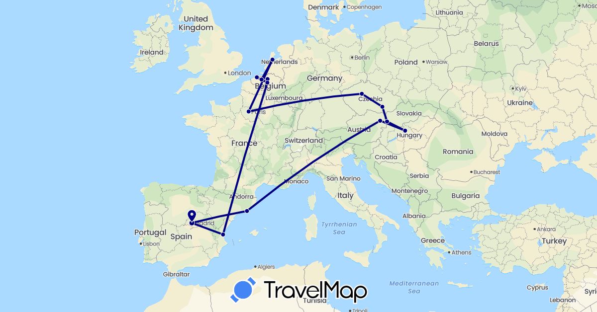 TravelMap itinerary: driving in Austria, Belgium, Czech Republic, Spain, France, Hungary, Netherlands, Slovakia (Europe)